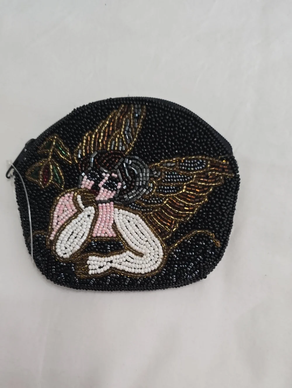 Lee Sands Vintage Black Beaded Angel Motif‎ Cosmetic/coin  Bag